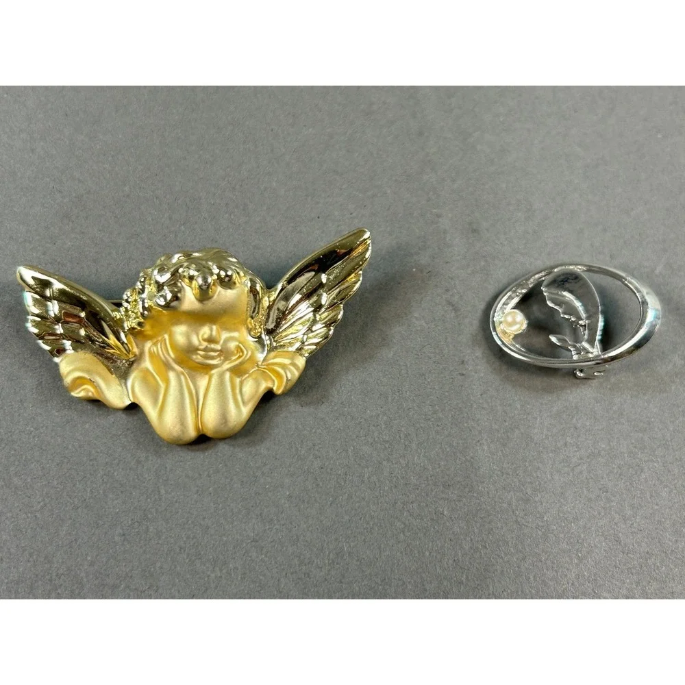 Vintage Angel Cherub Brooch Gold Tone & Virgin Mary Pin Silver Tone Pearl Set
